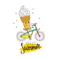 Ice cream in a waffle cup rides a bicycle. Royalty Free Stock Photo