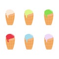 Ice cream in the waffle with vanilla, mint and pistachio taste isolated on white background. Set of vector flat outline icons Royalty Free Stock Photo