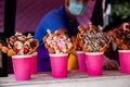 Ice Cream With Waffles Closeup In Outdoor Cafe.