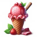 Waffle cone with strawberry ice cream and fresh strawberry berries, isolate on a white background Royalty Free Stock Photo