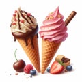 ice cream cone two types: strawberry and coffee with fresh berries Royalty Free Stock Photo