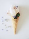 Ice creams immitation in waffle cone decorated mint leaves and flowers. Peonies flower in waffle cone with mint leaves. Royalty Free Stock Photo