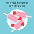 Ice creams popsicles with strawberry and ice cubes