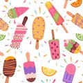 Ice creams seamless pattern. Summer holidays with popsicles, ice cream cones and frozen chocolate dessert. Cartoon sweet