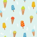 Ice creams seamless pattern. Summer holidays with popsicles, ice cream cones frozen dessert. Cartoon sweet food vector Royalty Free Stock Photo