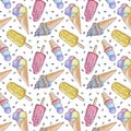 Ice creams seamless pattern. Summer holidays with popsicles, ice cream cones and frozen chocolate dessert. Cartoon sweet Royalty Free Stock Photo