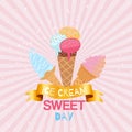 Ice creams waffle cones with assortment of scoops grunge and vintage icecream dessert poster vector illustration.