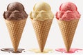 Ice creams in a waffle glass on a white background. Strawberry, chocolate and vanilla flavors. Generative AI