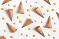 Ice crean cones and candy lay flat image wallpaper