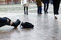 Ice crusted ground, fallen person on slippery sidewalk