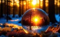 Ice crystal ball with reflection of snowy trees and sunset sun on a blurred winter forest background. Royalty Free Stock Photo