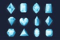Ice crystal. Cartoon gemstones treasures, shiny pieces of blue glass, light prism collection. Vector set