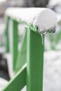 Ice crystal detail on snow covered bridge in park Royalty Free Stock Photo