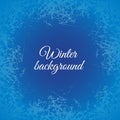 Ice crystals design texture on freeze window. Vector frame with frosted patterns. Blue winter holiday background Royalty Free Stock Photo