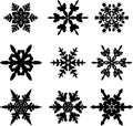 Hand Drawn Winter Snowflake Silhouettes on White Background