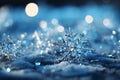 Ice crystals and snowflakes close-up bokeh background. Happy New Year, Christmas, winter holiday season, snow melting. Blue snowy Royalty Free Stock Photo