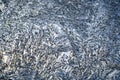 Ice crystals very close up on a window pane in winter. Abstract pattern. Frozen water. Weather forecast: frost, cooling. Blue