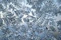 Ice crystals very close up on a window pane in winter. Mystical fabulous abstract pattern. Frozen water. Weather forecast: frost,