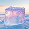 Ice cube on the background of the winter landscape. 3D illustration Royalty Free Stock Photo