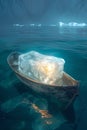 An ice cube in a boat floating on the sea. Ice in a boat in the ocean Royalty Free Stock Photo