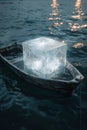 An ice cube in a boat floating on the sea. Ice in a boat in the ocean Royalty Free Stock Photo