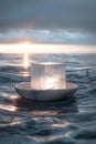 An ice cube in a boat floating on the sea. Ice in a boat in the ocean Royalty Free Stock Photo