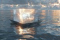 An ice cube in a boat floating on the sea. Ice in a boat in the ocean Royalty Free Stock Photo