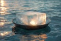 An ice cube in a boat floating on the sea. Ice in a boat in the ocean Royalty Free Stock Photo