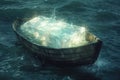 An ice cube in a boat floating on the sea. Ice in a boat in the ocean Royalty Free Stock Photo