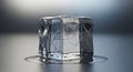 Ice Cube Close-Up on Reflective Gray Surface with Melted Water Underneath Clear Cubical Shape Studio Lighting for Royalty Free Stock Photo
