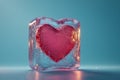 Ice cube containing a red heart representing frozen love, indifference, or a broken heart on a gradient background Royalty Free Stock Photo