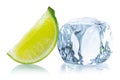 Ice cube. Ice cubes with fresh lime slice. Frozen water in shape of cube. Ice for lime drink, lemon soda or cocktails Royalty Free Stock Photo