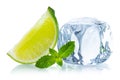 Ice cube. Ice cubes with fresh mint leaves and lime. Frozen water in shape of cube. Ice for lime drink, lemon soda or cocktails Royalty Free Stock Photo