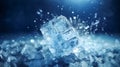 Ice cube dropping with splashes on frozen surface, macro horizontal dark blue background. Generative AI Royalty Free Stock Photo