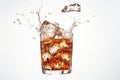Ice cube falling into glass of brown drink white background Generative AI Royalty Free Stock Photo