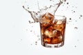 Ice cube falling into glass of brown drink white background Generative AI Royalty Free Stock Photo