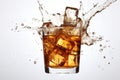 Ice cube falling into glass of brown drink white background Generative AI Royalty Free Stock Photo