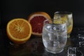 Ice cube flies falls into the takan with water soda next to lie orange grapefruit and ice on a black background. Refreshing drinks Royalty Free Stock Photo