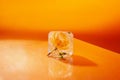 Ice cube with flower bud on table Royalty Free Stock Photo