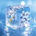 Ice cube with forget-me-not flowers on blue background. Close-up illustration. Generative AI Royalty Free Stock Photo