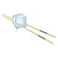 Ice cube is held with chopsticks, frozen water, an example of a product for ASMR