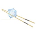 Ice cube is held with chopsticks, frozen water, an example of a product for ASMR