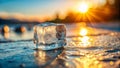 ice cube left on sun to melt laying on stone surface AI-Created Content