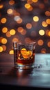 an ice cube like a heart shape in a glass of wiskey with bokeh background