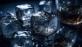 Ice cube melting on glass, reflecting blue nature in background generated by AI Royalty Free Stock Photo