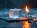 Ice cube melts next to lit match on slate. Contrast of cold and hot elements. Fire burns, ice thaws. Concept of opposing forces. Royalty Free Stock Photo
