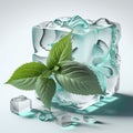 Ice cube with mint leaf. AI generative illustration Royalty Free Stock Photo