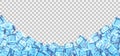 Ice cubes background. Freeze cold drink packaging decor, realistic cool water splash, transparent crystal drops, fresh