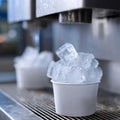 Ice cubes in cups under a dispenser with blue lighting. Royalty Free Stock Photo