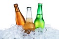 Ice cubes and different bottles on background Royalty Free Stock Photo